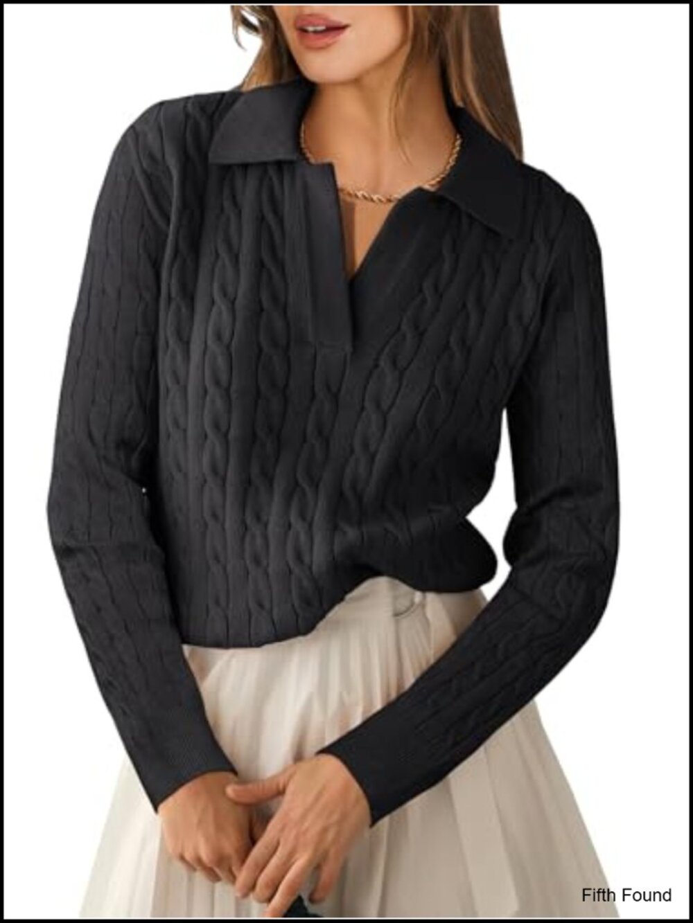 Womens Cable Knit Sweater Long Sleeve Polo V-Neck Pullover Top